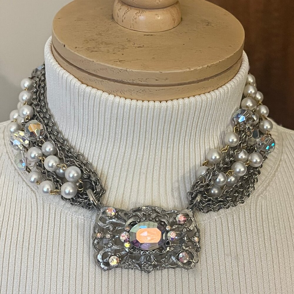 Multi-Strand Silver and Pearl Crystal Statement Choker Necklace